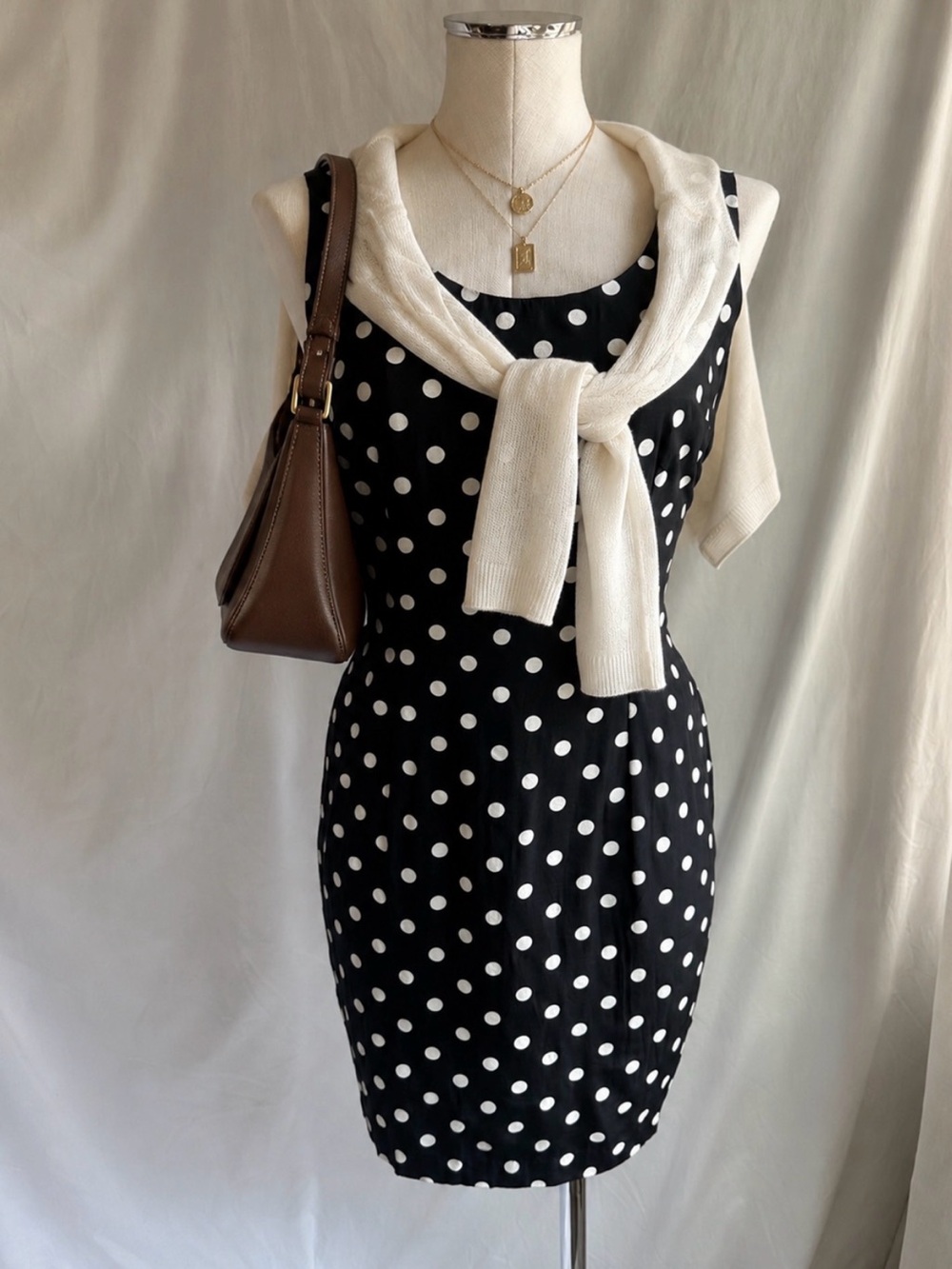 Vintage Classic Black & White Polka Dot Sheath Dress — Size Small